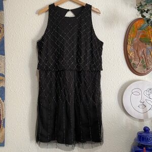 Vtg Liliana 16 Women's Black Beaded Embellished Mesh‎ Overlay Keyhole Back Dress